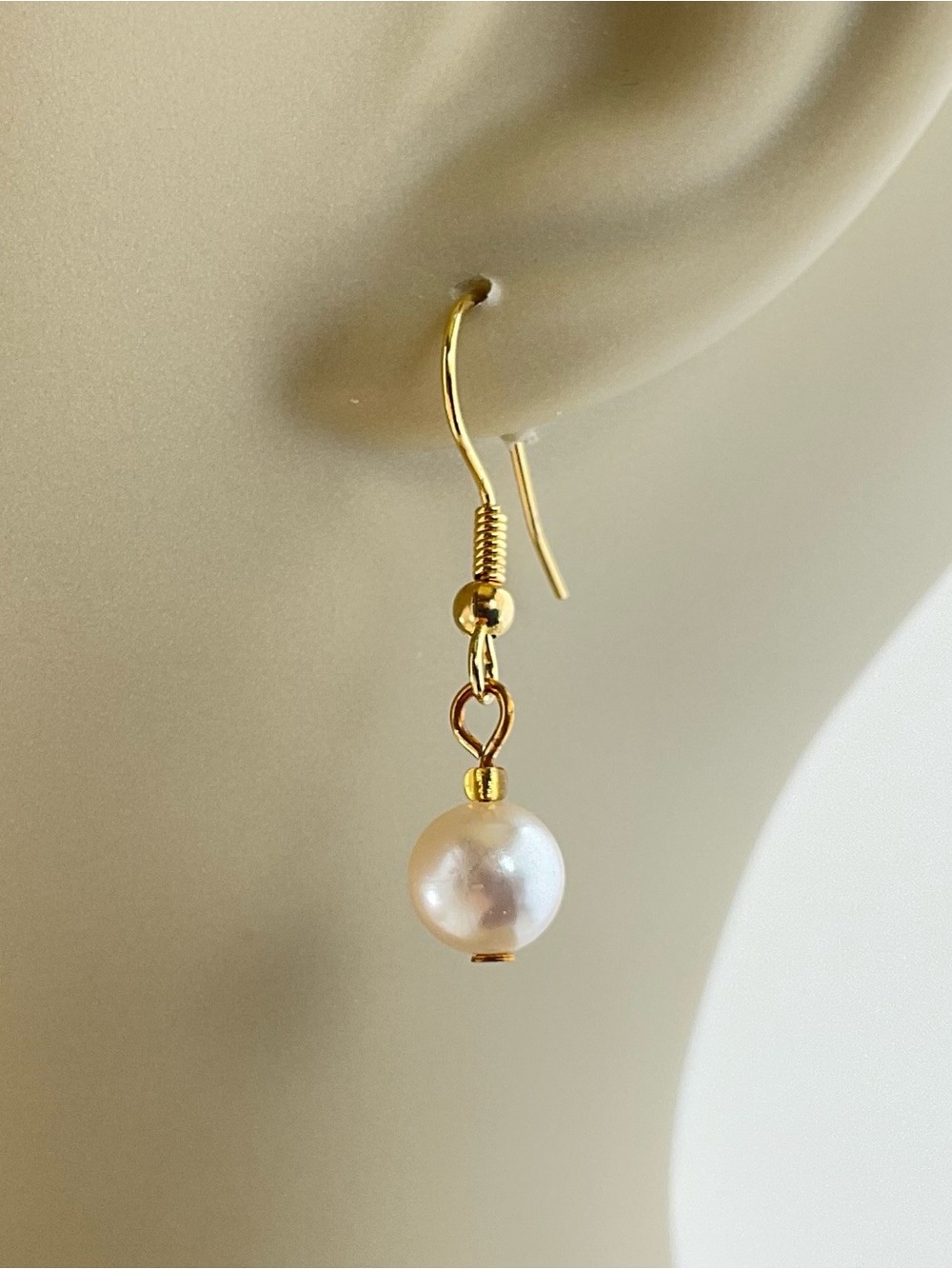 White Faux Pearl Drop Earrings with Gold Plated Brass Ear Wires, Traditional